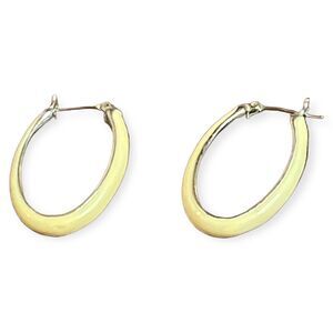 Pale Yellow Enamel Oval Hoop Earrings Silver Tone Minimalist Modern Jewelry